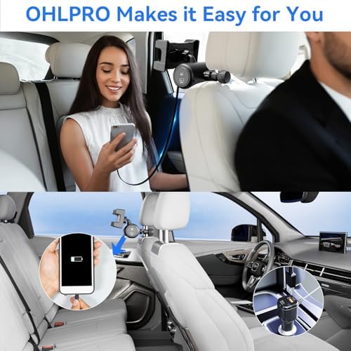 OHLPRO 6-in-1 Backseat Car Charging Hub with Retractable Phone Holder – Fast 40 W PD/QC Dual USB Adapter for All Smartphones – Ideal for Rideshare, Uber, and Taxi Passengers – Compact, Clutter-Free Design with Secure Headrest Mounting for Ultimate Convenience and Connectivity