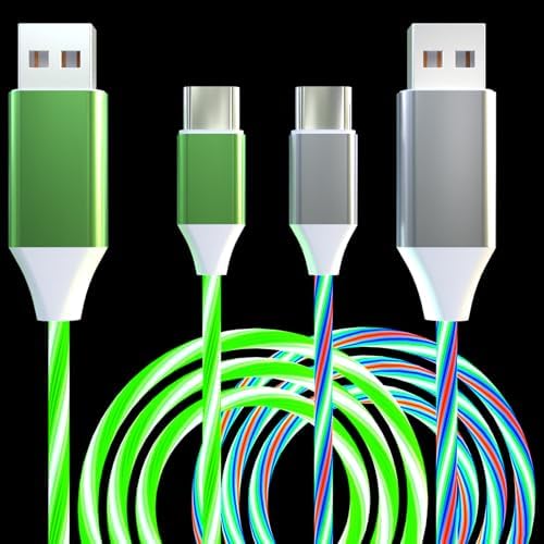 Illuminate Your Charging Routine with LED USB C Charging Cable – 2 Pack Fast Charge Type C Cords Compatible with Samsung Galaxy S21/S20/S10/S9/S8/Note 20 & LG V30/V20/G6, 39-inch Colorful & Green – Enhanced Durability and Charging Status Indicator