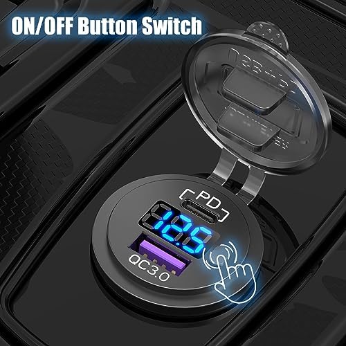 High-Performance 12 V USB C Car Charger Socket – 38 W Waterproof Adapter with PD 3.0 & QC 3.0 for Rapid Device Charging in Cars, Trucks, RVs, and Marine – Features Integrated Power Switch & Voltmeter for Battery Health Monitoring
