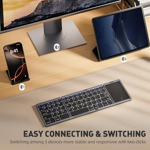 Ultra-Slim Foldable Bluetooth Keyboard with Touchpad – Portable Wireless Keyboard for Travel, Multi-Device Compatibility with Android, Windows, i OS – Lightweight Pocket-Sized Design with Built-in Stand for Effortless Typing on the Go