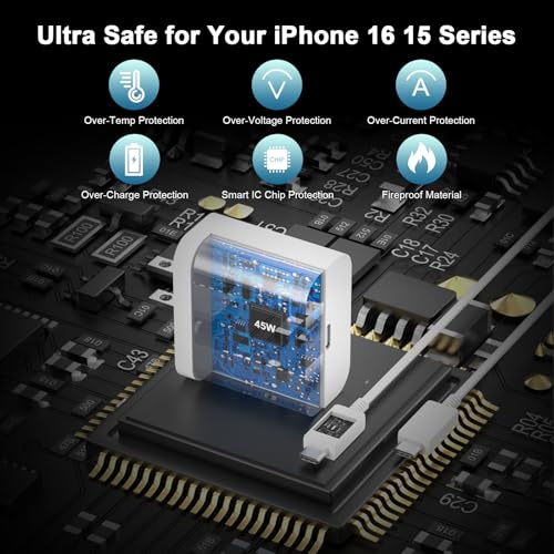 Experience Ultimate Charging Power: 45 W USB C Fast Charger Bundle for i Phone 16 & Galaxy S25 – Includes Dual 10 FT USB C Cables for Unmatched Convenience and Speed – Ideal for Home or Travel with Advanced Safety Features and Wide Device Compatibility