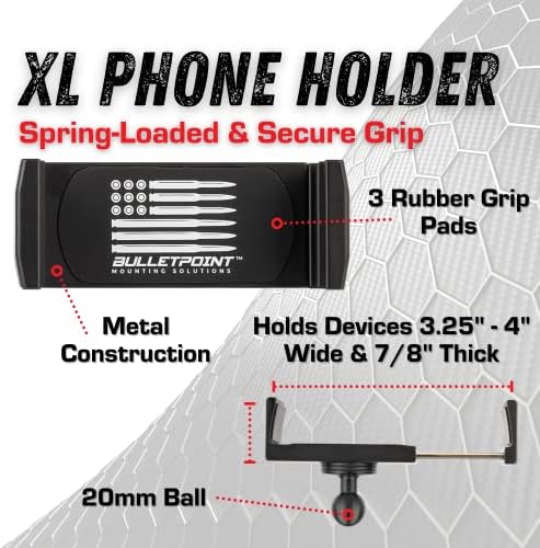 Bulletpoint XL Dash Mount for Oversized Smartphones – Secure Cradle for i Phone & Android – 4-Inch Expandable Holder with 20 mm Attachment Ball – Ultimate Hands-Free Driving Experience