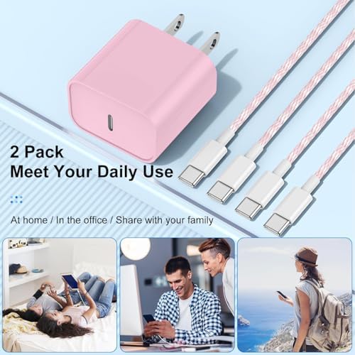 Elevate Your Charging Experience: 20 W USB-C Fast Charging Kit for i Phone 15 & 16 – 2 Pack Wall Adapter with 6 FT Cables – Stylish Pink Design for i Phone 16 Pro Max, 15 Pro Max & i Pad Pro – Enhanced Compatibility & Rapid Power Delivery