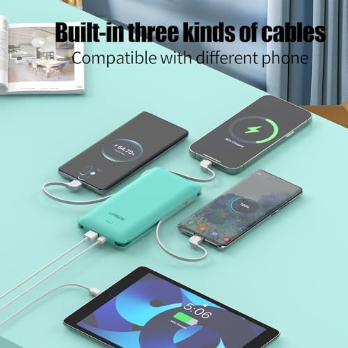 Compact 10000 m Ah Portable Charger with Built-In Cables and AC Wall Plug – Essential USB-C Power Bank for i Phones, Samsung Devices, and Tablets in Vibrant Green – Ultimate Travel Companion for Fast Charging and Universal Compatibility