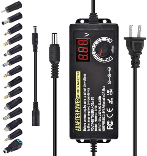 Versatile Adjustable DC Power Supply 3 V-24 V with Digital Voltage Display and 14 Interchangeable Tips – High-Efficiency Universal AC/DC Adapter for Global Use, 3 A 72 W Output for Reliable Device Compatibility
