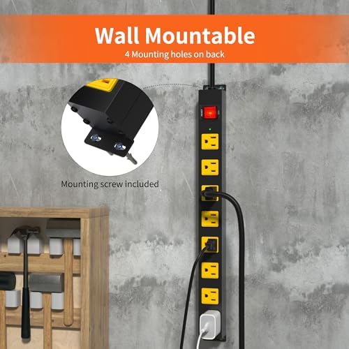 10 FT Heavy Duty 8 Outlet Surge Protector Power Strip with Wall Mount Capability – 2100 Joules of Protection for Home, Office, Garage and Workshop – Versatile, Space-Saving Design with Wide Spaced Outlets for Large Plugs and Electronics
