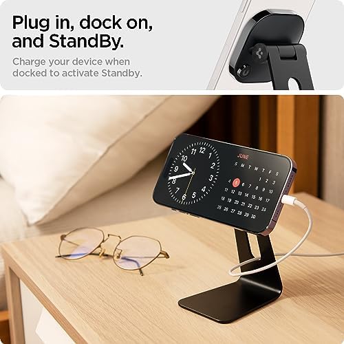 Spigen One Tap Mag Fit Wireless Charger Mount for i Phone 16/15/14/13/12 & Air Pods Pro – Effortless Magnetic Charging Stand with Innovative One Tap Technology, Sophisticated Black Finish, Enhanced Mag Safe Support, and Non-Slip Stability for Seamless Home and Office Charging Solutions