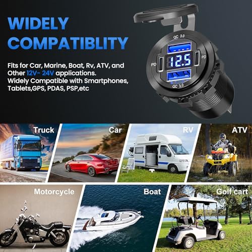 Upgrade Your Charging Experience: 12 V USB Charger with 4 High-Speed Ports, Durable Aluminum Alloy Design, LED Voltmeter for Real-Time Voltage Monitoring – Versatile Solution for Cars, Boats, RVs, Trucks, and More