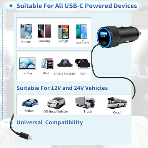 Rombica 105 W MFi Certified Dual USB-C & USB-A Fast Car Charger for i Phone 16 Pro Max – Ultimate Portable Power Solution with 6 FT Coiled Type-C Cable for Rapid Charging on the Go, Perfect for Road Trips and Daily Commuting