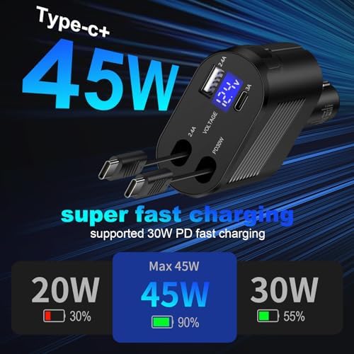 Ultimate 45 W Retractable USB-C Car Charger – Fast Charging Adapter for Samsung Galaxy S25, S24, S23, S22, S21, S20 Ultra, Z Flip, Google Pixel 9, 8, 7 Pro – Multi-Device Compatibility & Enhanced Safety Features for On-the-Go Power Solutions