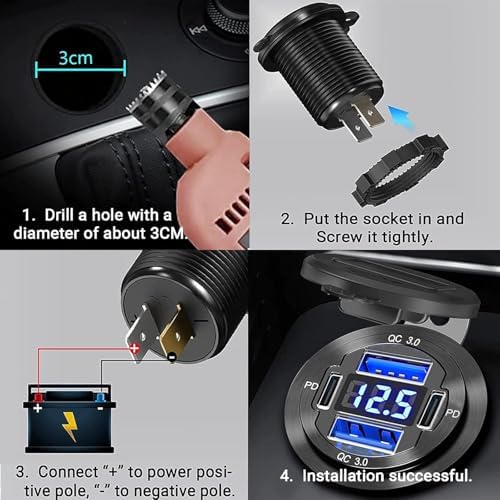 Enhanced 12 V Multi-Port USB Charger – Durable Aluminum Alloy Car Outlet with Integrated LED Voltmeter for Fast Charging in Cars, RVs, Boats, Trucks, and Motorcycles (Dual Pack) – Optimal Device Compatibility and Reliability for On-the-Go Power