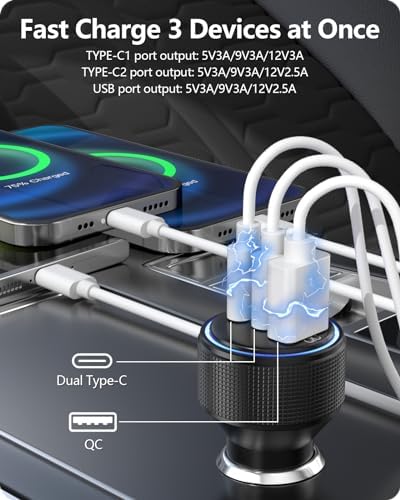 Dual USB C Car Charger with QC 3.0 Technology – 66 W Fast Charging Adapter + 2 Lightning Cables for i Phone 15/14/13/12 Pro Max and Galaxy S23/S22/S21 Ultra – MFi Certified for Reliable Compatibility on All Your Road Trips – Effortless Dual Device Charging with Enhanced Speed and Durability