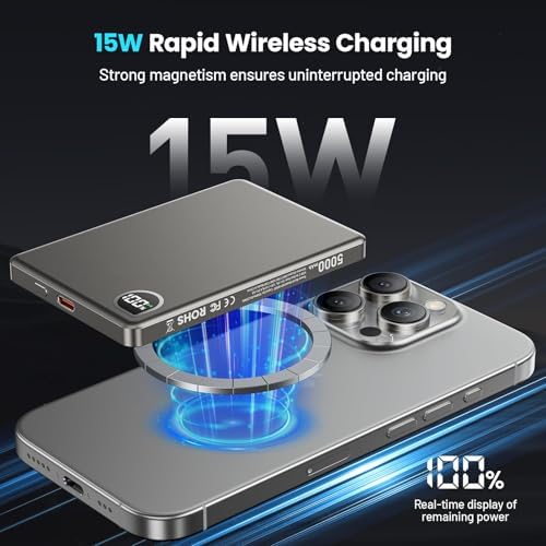 Ultra-Slim 5000 m Ah Magnetic Power Bank with Built-In USB-C Cable – 22.5 W Fast Charging Solution for i Phone 16/15/14/13, Samsung Galaxy, and Android Devices – Lightweight Design, Smart Thermal Regulation, and Universal Compatibility for Effortless On-the-Go Charging