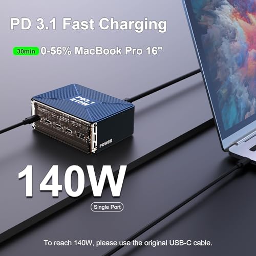 210 W USB C Fast Charging Station by Graaci – 5-Port Ga N Power Adapter with PD3.1 & PPS for Mac Book Pro/Air M2, i Phone 15 Pro, Galaxy S23 Ultra, Pixel 8 & Steam Deck – Ultimate Travel-Friendly Universal Charger with Advanced Safety Features