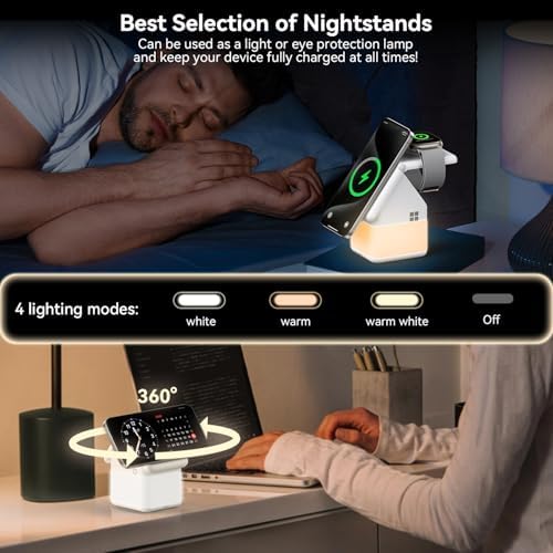 WSKEN 3-in-1 Wireless Charging Station with Nightstand Lamp – 15 W Fast Charger for i Phone 15/14/13/12, Apple Watch, and Air Pods – Sleek Design for Enhanced Bedside Convenience and Clutter-Free Power Solution – Perfect Compatibility with Qi-Enabled Devices