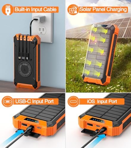 GOODaaa 36,000 m Ah Solar Wireless Power Bank with Built-in 4 Cables, Fast 15 W Charging, 6 Outputs & Dual Flashlights – Ultimate Portable Charger for All Devices with Carabiner for Easy Carrying