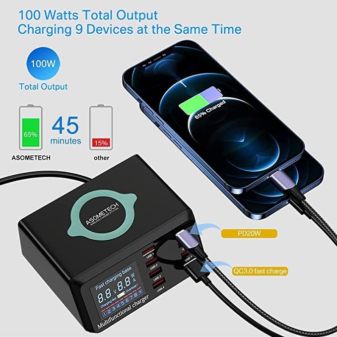 Revolutionize Your Charging Routine with ASOMETECH 100 W 8-Port USB Hub – Ultra-Fast Multi-Device Power Station Featuring PD, Quick Charge 3.0, and Wireless Charging Capabilities – Smart LCD Display for Real-Time Status Monitoring – The Ultimate Solution for Smartphones, Tablets, and More – Optimize Your Workspace with Sleek, Efficient Design for Seamless Connectivity and Clutter-Free Organization