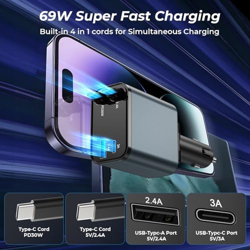 Dual-Port Retractable 4-in-1 Car Charger Set – Fast Charge i Phone and USB-C Devices with 2.6 ft Cords – Essential Gray Adapter for Men and Women – Perfect Travel Companion and Gift for Efficient Charging on the Go