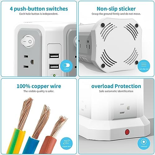 Maximize Power Distribution with the PASSUS Surge Protector Tower – 12 AC Outlets, 5 USB Ports Including 18 W USB C, 10 FT Extension Cord, Space-Saving Flat Plug, Overload Protection for Home and Office Use – Ideal for Multiple Devices and Rapid Charging Solutions