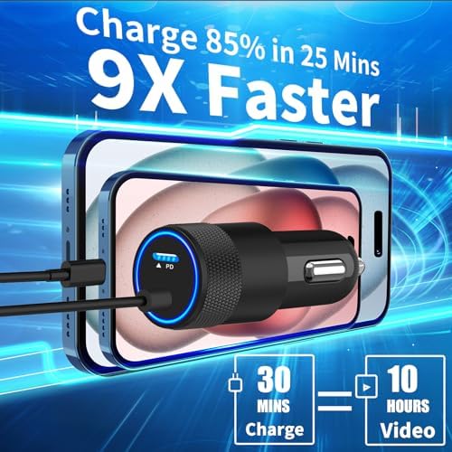 BAOYUANDA 72 W Dual Port USB-C Car Charger for i Phone 16 Series – MFi Certified Fast Charging Solution with 2 Durable Type C Cables for i Pad Pro, Android & More – Ultimate Compatibility for On-the-Go Power Management