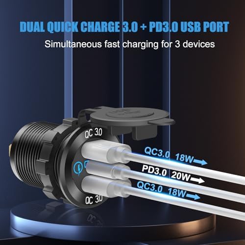 Premium 12 V USB Aluminum Car Charger Socket with PD 3.0 and Dual Quick Charge 3.0 Ports – Waterproof Automotive Charging Solution for Cars, Boats, RVs & Motorcycles – Touch Switch Control & Fuse Wire Kit for Enhanced Safety and Versatility
