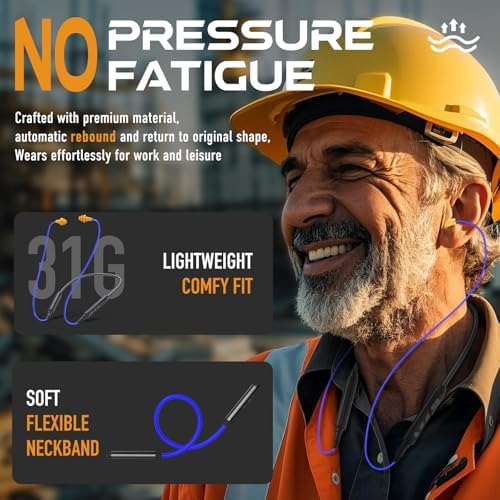 MIPEACE Bluetooth Noise-Canceling Neckband Earplugs – Premium 29 d B Hearing Protection Headphones with 19+ Hour Battery Life and Sweatproof Comfort for Lawn Care & DIY Tasks (Chic Blue) – Effortless Device Pairing & Customized Fit for Extended Use