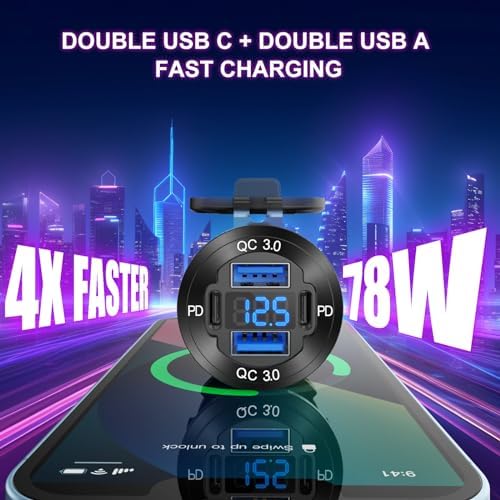 High-Performance 4-Port 12 V USB Outlet Charger – Sleek Aluminum Design with 78 W Dual PD & QC Fast Charging for Cars, Boats, Motorcycles, & RVs – Waterproof Cigarette Lighter Socket with Built-in Voltmeter for Enhanced Durability & Compatibility