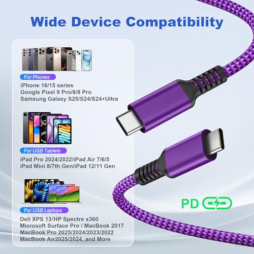 Basesailor 10 ft USB C to USB C Power Delivery Charging Cable – 100 W Fast Charger for i Phone 16/15 Pro Max, Mac Book, i Pad Air 4/5, Mini 6, and Samsung Galaxy S22/S23/S24/S25 – Durable 2 Pack for Enhanced Speed and Efficiency