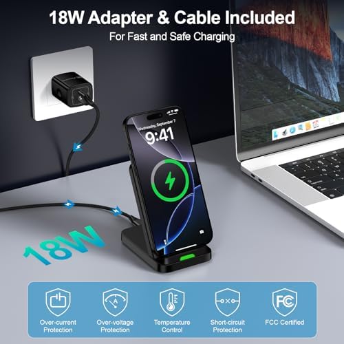 15 W Fast Wireless Charging Station for Android & i Phone – Sleek Stand with QC Adapter for Samsung S25 Ultra, Z Fold 6, i Phone 16 Pro Max – Ultimate Compatibility & Safety Features for Effortless Power-Up