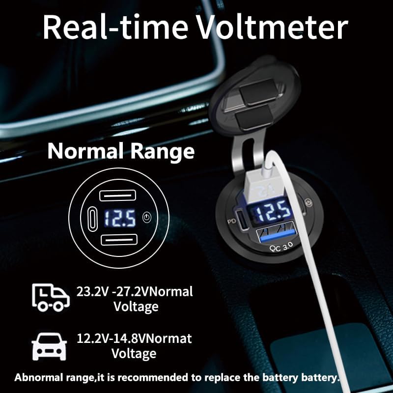 Aluminum Alloy Dual Quick Charge 3.0 USB C Car Charger with Voltmeter – Fast Charging Adapter for Auto, RV, and Truck – PD 3.0 Compatible Cigarette Lighter Replacement with On/Off Switch for Enhanced Power Management