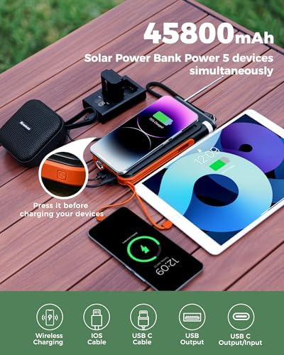 GOODaaa 45800 m Ah Solar Power Bank with Wireless Charging, Fast 15 W USB C & A Ports, Built-in Emergency Radio and Flashlight – Ultimate Outdoor Portable Charger for Camping and Hiking Adventures