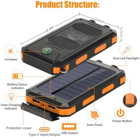 High-Capacity 20,000 m Ah Waterproof Solar Charger Power Bank for Outdoor Adventures – Dual USB-C Fast Charging with Built-in LED Flashlight and Compass (Orange) for Ultimate Portability and Reliability