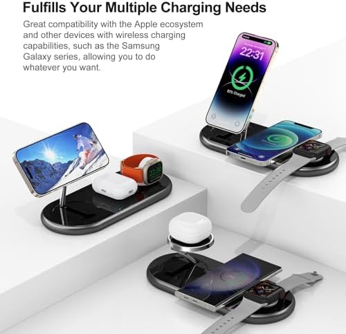 Sleek 3-in-1 Magnetic Charging Station for Apple Devices – Fast Mag-Safe Wireless Charger Stand for i Phone 16/15/14/13/12, Apple Watch, and Air Pods – Elegant Golden Design with Enhanced Compatibility and Safety Features