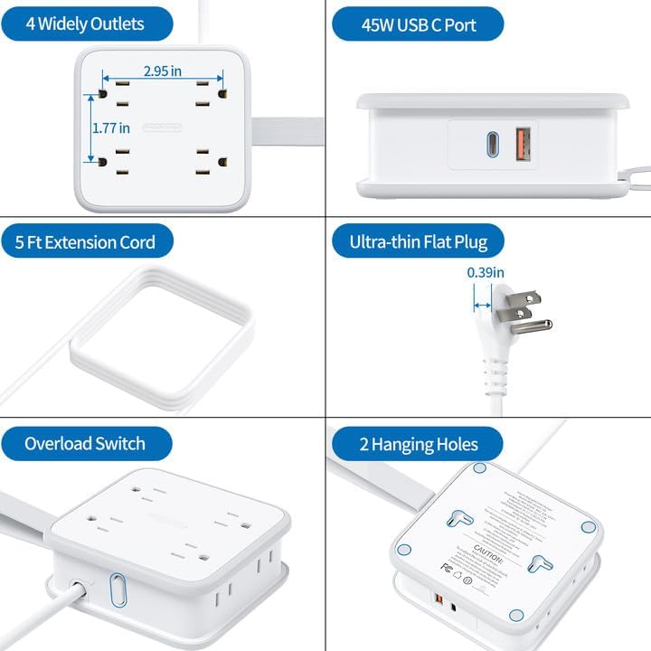 NTONPOWER 8-Outlet Flat Plug Power Strip with 45 W USB-C Fast Charging Port – Compact Multi-Device Extender with 5 ft Cord, Ideal for Home and Travel, Compatible with i Phone, Mac Book Pro, Tablets, and Samsung – Smart Design for Organized Charging Solutions