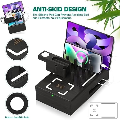 Eco-Friendly Bamboo Wireless Charging Station – Versatile Docking Organizer with 7 USB Ports for Fast Qi-Certified Charging of Smartphones, Smartwatches, Earbuds, and Tablets – Sleek Design for Enhanced Productivity and Clutter Reduction