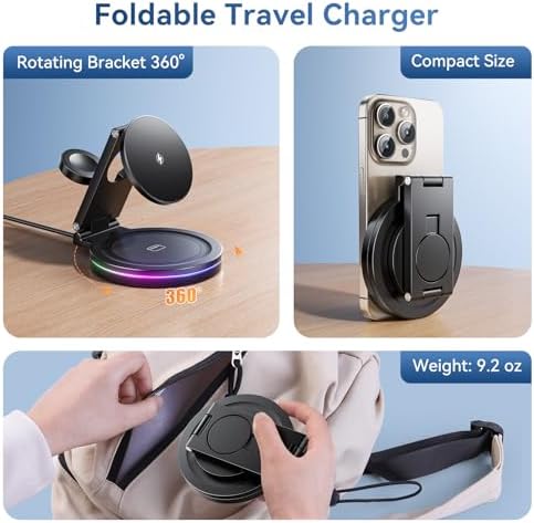 Sleek 3-in-1 Wireless Charging Station for Apple Devices – 15 W Fast Mag-Safe Qi-Certified Portable Charger Stand for i Phone 12/13/14, Apple Watch & Air Pods Pro/2/3 – Adjustable Viewing Angle & Compact Design in Elegant Silver Finish – Ultimate Convenience for Home and Office Use