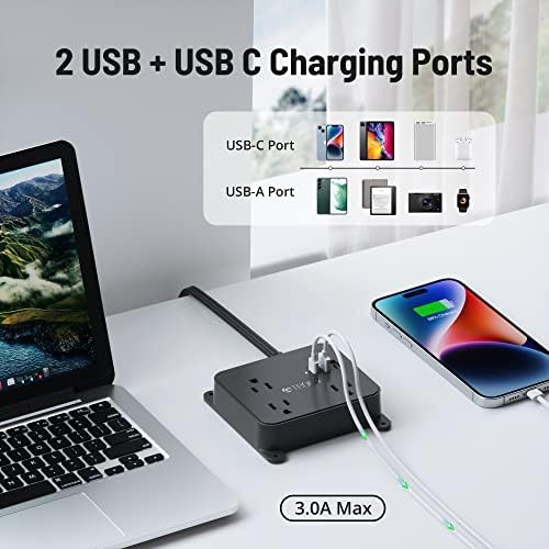 TROND Ultra Thin Flat Extension Cord with 3 USB Ports and 3 AC Outlets – Sleek Wall-Mount Power Strip for Smart Charging in Small Spaces – Perfect for Home, Dorms, and Workstations – Compact Surge Protector for Modern Electronics