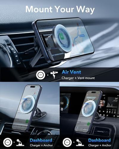 ESR Mag Safe Car Mount – Magnetic Phone Holder for Air Vent & Dashboard, Compatible with i Phone 16/16 e/15/14/13/12, Samsung, and All Smartphones – Includes 2 Metal Rings for Enhanced Stability – Sleek Design for Effortless Driving Experience