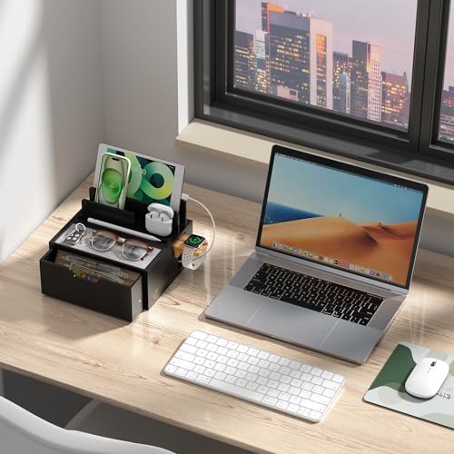 Pezin & Hulin Eco-Friendly Bamboo Multi-Device Charging Station: Elegant Nightstand Dock with Integrated Power Charger, USB Hub & Storage Drawer – Fast Charging for Phones & Tablets, Stylish Organizer for Modern Spaces