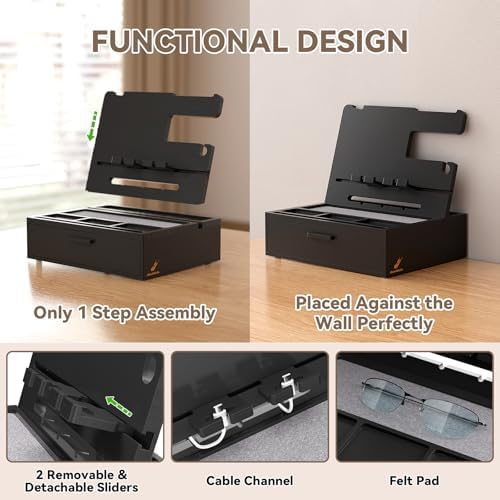 Pezin & Hulin Wooden Charging Station, Bedside Nightstand Tray, with Spacious Drawer, Felt Pads for Phones, Watch, Idea Gifts for Him Birthday, Son, Christmas for Papa Fathers Day – Enhanced Compatibility and Speed