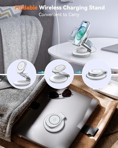 Revolutionary 3-in-1 Foldable Magnetic Wireless Charger Stand for Apple Devices – Ultimate Travel Dock for i Phone 15/14/13/12 Pro Max, Apple Watch, and Air Pods – Fast Charging & Enhanced Compatibility for On-the-Go Power Solutions