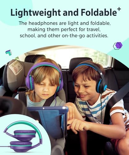 Rockpapa C24 Foldable Kids Headphones with Microphone – Lightweight Wired Audio Solution in Eye-Catching Purple & Green for School, Travel, and Play – Ideal for Young Listeners with Enhanced Compatibility and Superior Portability