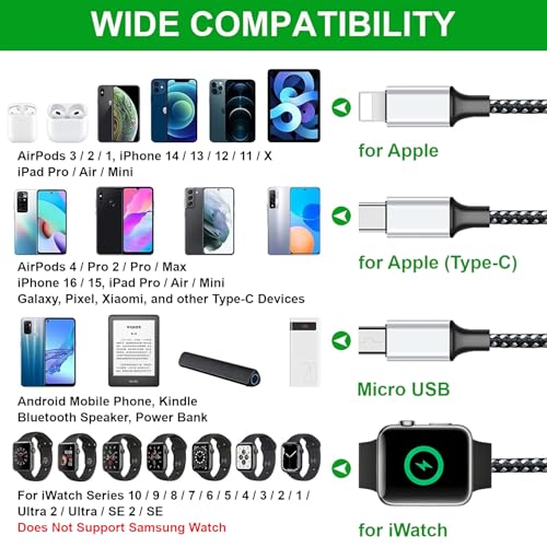 Versatile 4-in-1 Multi Charging Cable for Apple Watch, i Phone, i Pad & Android Devices – 6 FT Nylon Braided Cord with USB C and Micro Port for Fast Charging and Enhanced Compatibility – Perfect for i Watch Series 10-1, i Phone 16, 15, 14 and More