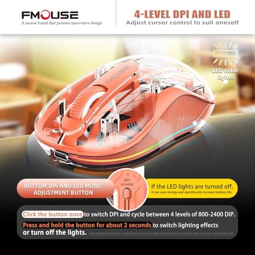 Sleek Dual Connectivity Transparent Wireless Mouse – Rechargeable RGB with USB-C Receiver for Mac Book & Laptops, Compact Design with Cool LED Lights, Silent Operation, and Magnetic Cover for Enhanced Portability – Orange