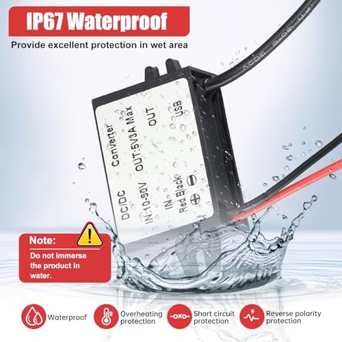 Rugged IP67 Waterproof USB Charging Hub – High-Efficiency DC-DC Converter for Trucks, Off-Grid Solar Systems, and Marine Use – 10-90 V to 5 V 3 A (15 W) Power Supply for Extreme Conditions – Durable, Dustproof, and Shock-Resistant for Reliable Charging Anytime, Anywhere