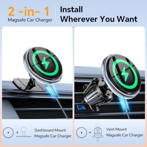 Revolutionize Your Drive with the Magnetic Mag Safe Car Charger – Effortless Wireless Charging for i Phone 16 Pro Max, 15, 14, 13, 12 & Mag Safe Cases | Versatile Vent & Dashboard Mount for Ultimate Accessibility | Secure Magnetic Hold for Safety and Convenience | Sleek Design Perfect for Any Automobile Interior | Stay Powered and Focused on the Road with Fast Charging Technology