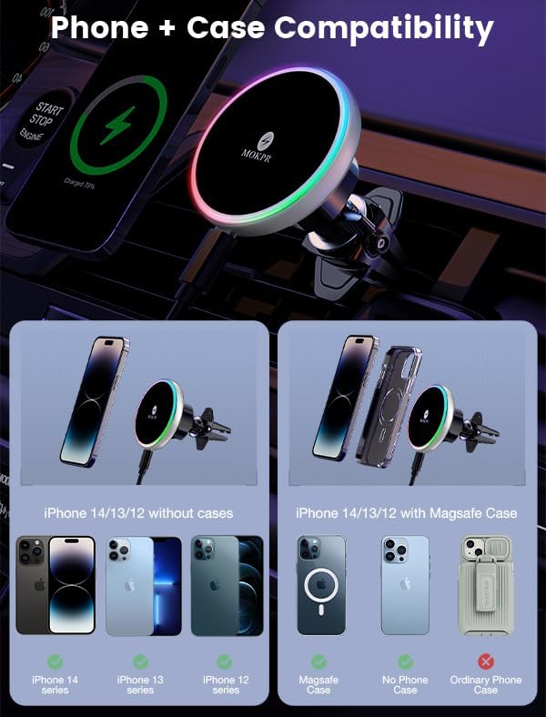 MOKPR 15 W Mag Safe Car Charger & Magnetic Phone Holder – Effortless Fast Wireless Charging with Dynamic LED RGB Lighting for i Phone 15/14/13/12 Series – Stylish Dash & Air Vent Mount for Enhanced Driving Experience and Convenient Accessibility