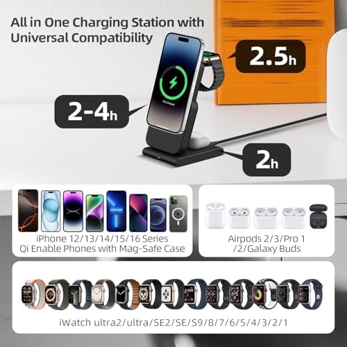 DDUAN 3-in-1 Wireless Charging Station for i Phone and Apple Watch – Foldable 5000 m Ah Magnetic Power Bank with Fast USB-C Charging for i Phone 16/15/14/13/12 Series – Sleek, Portable Design for Home and Travel