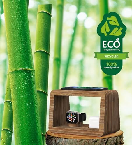 Eco-Friendly Bamboo Charging Station with 15 W Fast Wireless Charging, Adjustable Night Light & Multi-Device Compatibility for i Phone, i Watch, Air Pods, and Samsung – Sleek Nightstand Solution with 3 Color Modes and 4 Brightness Levels, Includes Adapter for Enhanced Efficiency