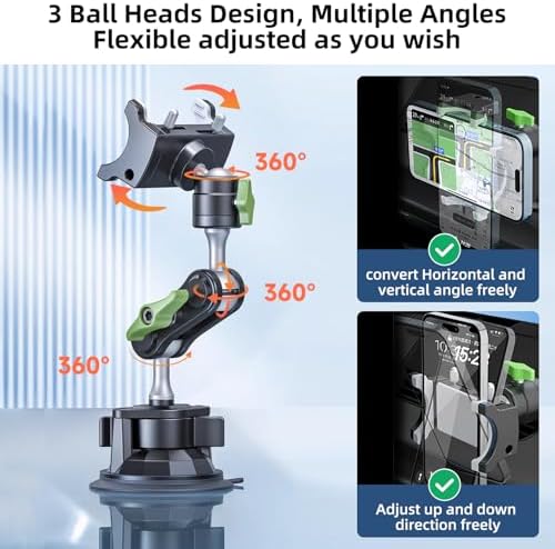 HEMMOTOP Heavy-Duty Suction Cup Car Phone Mount – 12-Inch Metal Holder with 360° Rotation for All Smartphones – Ultimate Windshield Accessory for Safe Navigation and Hands-Free Convenience in Cars and Trucks